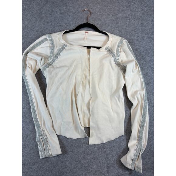 Free People Cardigan Sweater Womens Large Cream Open Front Ribbed Knit Boho - Picture 1 of 7